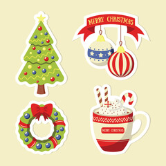 set of Christmas illustrations, Christmas tree stickers, 
 decorations, a wreath and a cup of hot chocolate with cream and candies