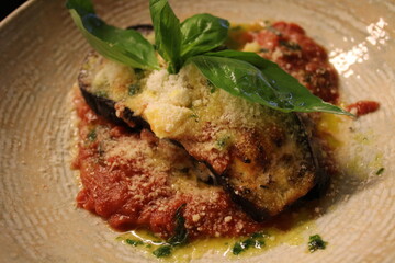 eggplant with basil and tomat source malanzane
