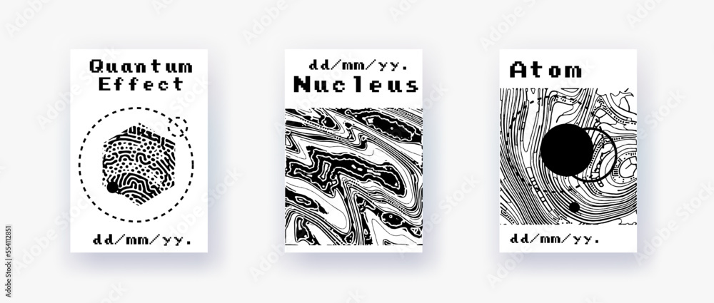 Poster black and white minimalist posters with collage of different geometric shapes. futuristic covers in 