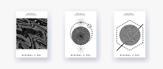 Black and white minimalist posters with collage of different geometric shapes. Futuristic covers in the style of abstractionism. 
