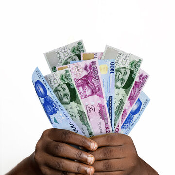 Black hands holding new Nigerian naira notes. closeup of Hands holding various Nigerian currency notes