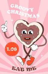 Groovy Christmas banner vector. Hipster white cookie. New Year sweet cake. Cute mascot character