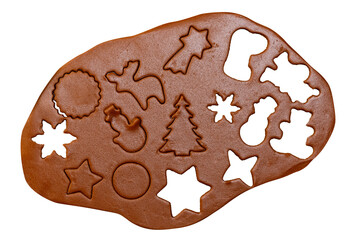 The process of making cookies and gingerbread at home. Rolled dough isolated on white background