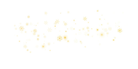 Snow background, a scattering of gold snowflakes on a transparent background. The snowflakes are hand painted.. PNG