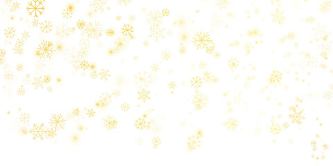 Snow background, a scattering of gold snowflakes on a transparent background. The snowflakes are hand painted.. PNG