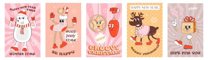 Groovy Christmas banner set vector. Hipster white bear, deer, gift. Crazy, funny socks,