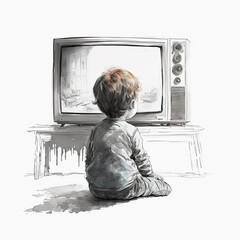 Lonely kid in pajamas watching TV at white background, retro style. Education concept