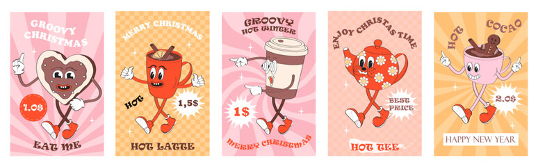 Groovy Christmas banners vector. Hipster coffee cup, tee pot. Crazy, funny hot mug, New Year cocao capuchinno. Cute mascot cappuccino