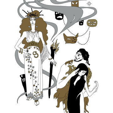 Medea, Jason and sorceress Circe. Ancient Greek mythology. Hand drawn fine art.