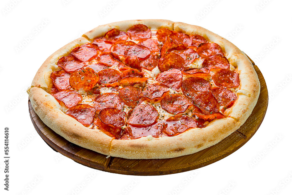 Wall mural Pepperoni pizza on wooden board on concrete table