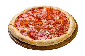 Pepperoni pizza on wooden board on concrete table