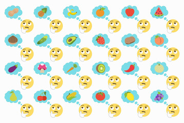 thinking face and thought bubble with fruits and vegetables,emoji pattern on white background,icon set,vector illustration
