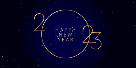 2023 Happy New Year background design. Golden inscription 2023 and Happy New Year on a dark blue background. Vector illustration