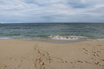 Fototapeta premium Porthcurno beach at Atlantic ocean in Cornwall, England Great Britain