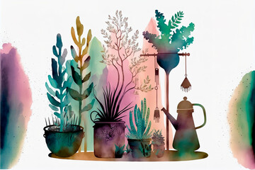 home decor potted plants composition, watercolour effect generative ai hand drawing style with planters, cacti,  and watering can