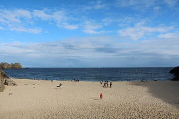 Porthcurno beach at Atlantic ocean in Cornwall, England Great Britain