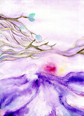 Watercolor purple mountain landscape, nature, serenity, purple, blue, pink, 600 dpi illustration 