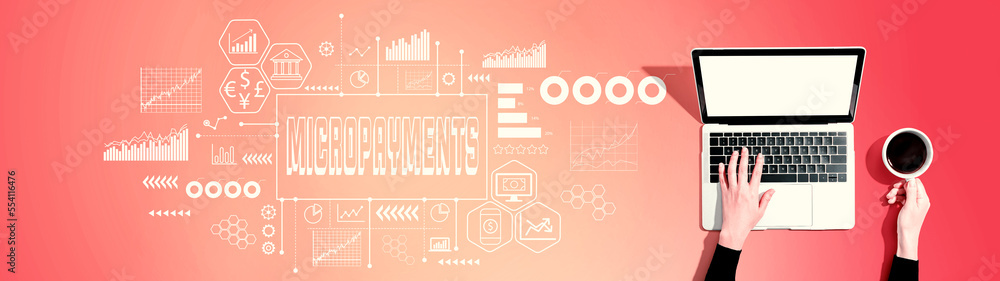 Aufkleber Micropayments theme with person using a laptop computer