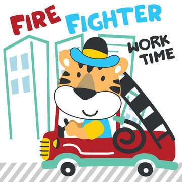 Vector illustration of funny tiger firefighter on fire truck. Creative vector childish background for fabric, textile, nursery wallpaper, card, poster and other decoration