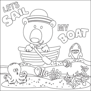 Funny bear cartoon vector on little boat with cartoon style, Trendy children graphic with Line Art Design Hand Drawing Sketch For Adult And Kids Coloring book or page