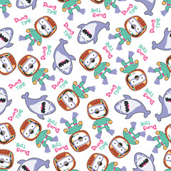 Seamless pattern texture with little lion and shark swim in underwater. For fabric textile, nursery, baby clothes, background, textile, wrapping paper and other decoration.