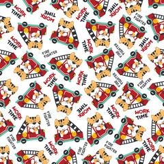 Obraz premium Seamless pattern of fire fighter car with tiger fire fighter animal cartoon. Creative vector childish background for fabric, textile, nursery wallpaper, card, poster and other decoration.