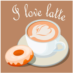 Coffee latte and donut morning breakfast