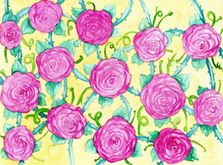 Watercolor pattern with roses, 600 dpi, pink roses and yellow background, retro illustration, vintage roses