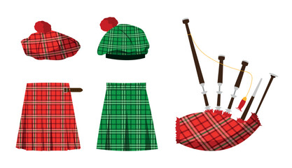 Set of elements of Scottish traditional costume and bagpipes in flat style. Vector illustration of red and green tartan berets and kilts and bagpipes isolated on white background. - obrazy, fototapety, plakaty