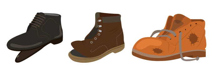 Set of old, torn and dirty clothes in flat style. Vector illustration of torn shoes, boots in need of repair and cleaning isolated on a white background.