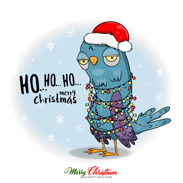 Vector christmas card with grumpy pigeon with garland character party time congratulatory funny postcards with slogans lettering. Cartoon flat style ideal for cards posters, social media.