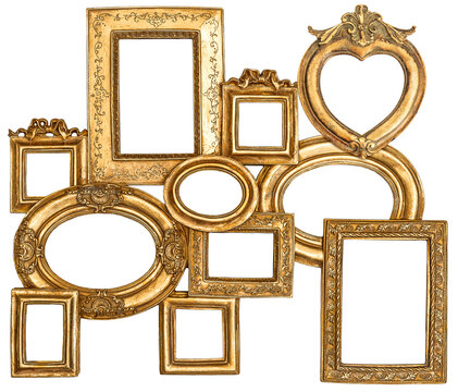 PNG golden frames isolated. Baroque gold framework