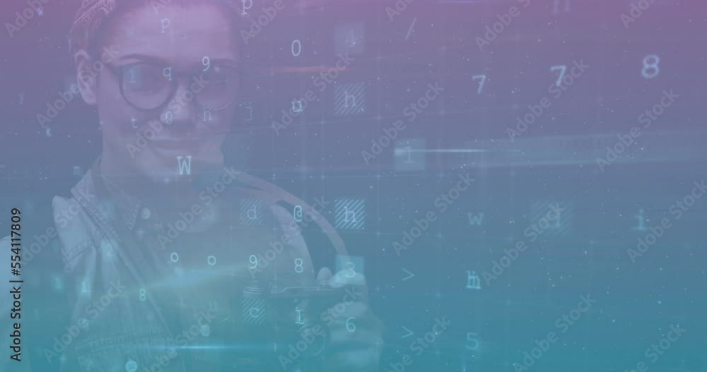 Aufkleber Animation of cyber attack data processing over woman using tablet