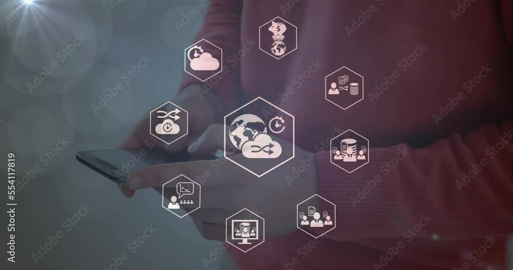 Aufkleber animation of network of connections over man using smartphone