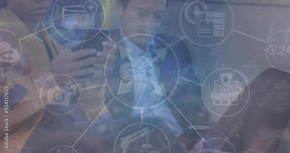 Poster animation of network of connections with icons over businessman using smartphone