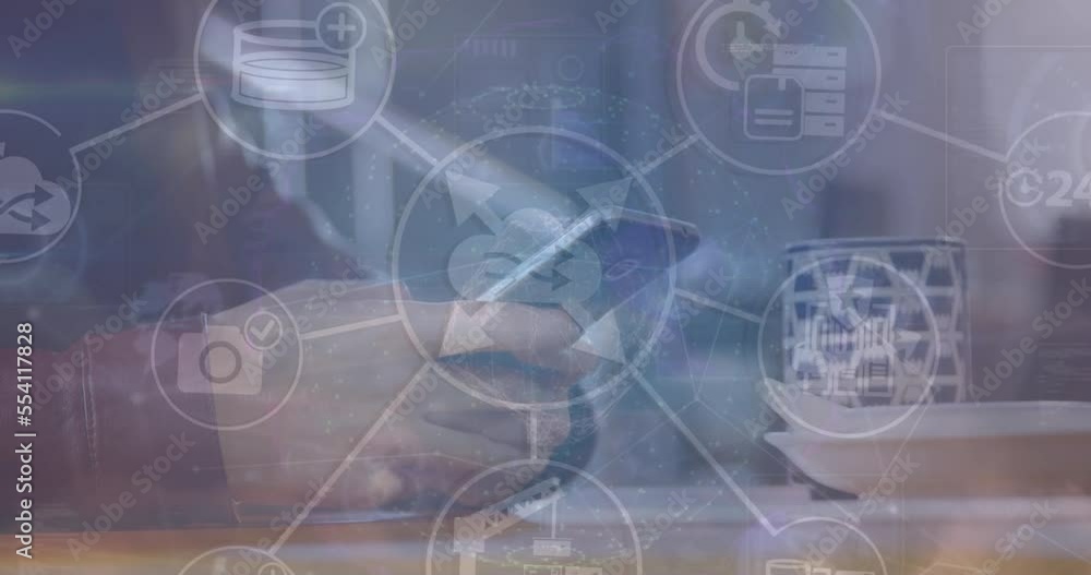 Aufkleber animation of network of connections with icons over man using smartphone