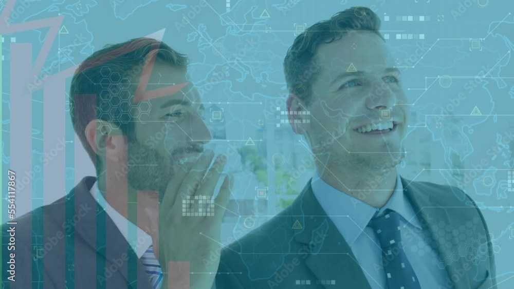Poster animation of data processing and world map over businessman whispering in ear of another businessman