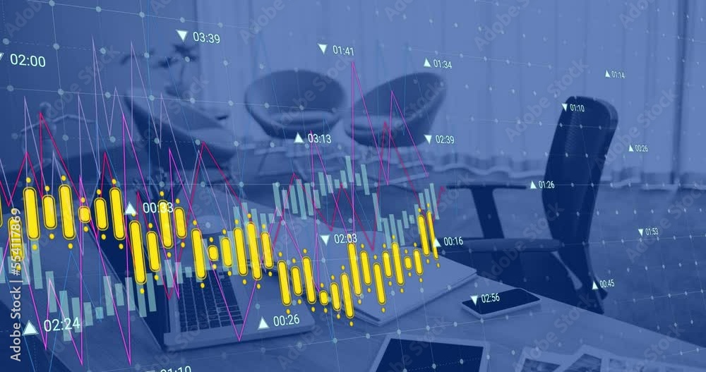 Poster animation of financial data processing against close up of a desk at office