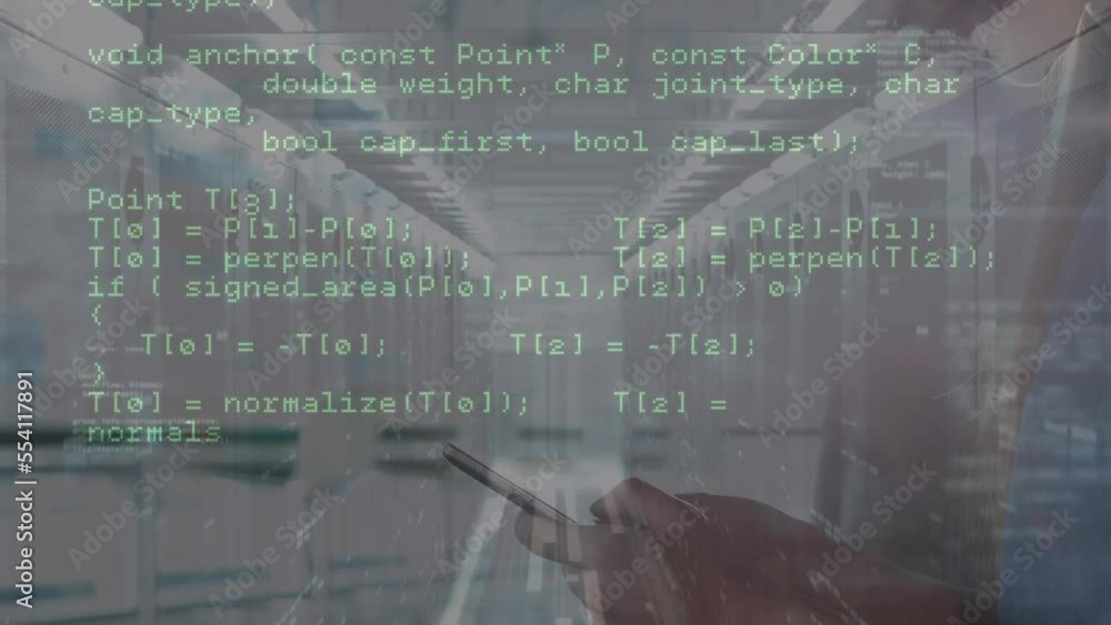 Poster animation of data processing over caucasian woman using smartphone against computer server room