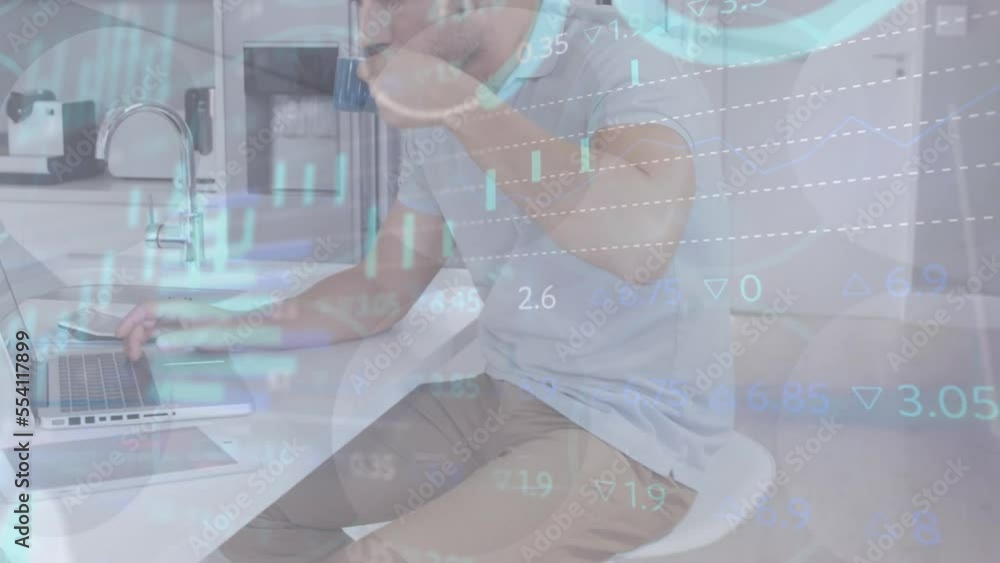 Poster animation of data processing over caucasian businessman using laptop