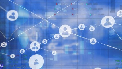 Animation of network of profile icons and stock market data processing against blue background - Powered by Adobe