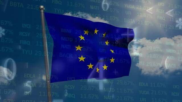 Animation of mathematical numbers and symbols and stock market data processing over waving eu flag - Powered by Adobe