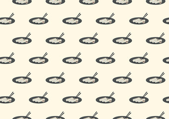 Springrolls with chopsticks on black plate. Vector pattern.
