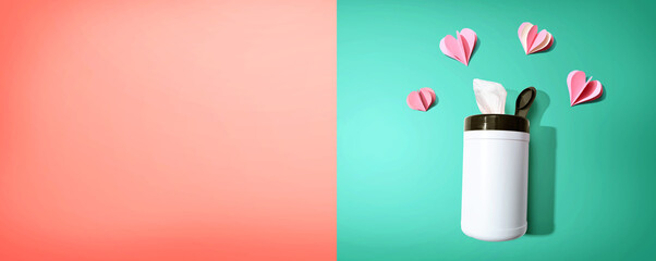 Sanitizer wipe with paper craft hearts - healthcare and hygiene concept