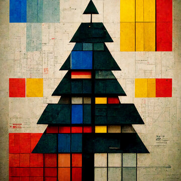 Vintage Christmas Tree Primary Colours 1920s Bauhaus De Stijl Horizontal Vertical Abstract Geometry Design Style Greetings Card Generative AI Tools Technology illustration