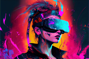 vr headset, metaverse, woman, futuristic, virtual world, state of consciousness, technology, neon, punk, fantasy