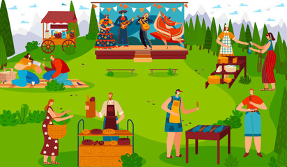 Food festival outdoor, people celebrating traditional cultural event picnic, vector illustration
