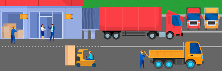 Truck delivery logistic to warehouse storage facility, people work in cargo industry, vector illustration