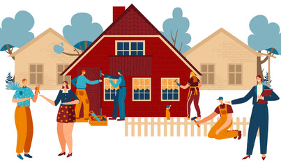 New home building and moving, real estate agent, happy couple with key and workers painting new cottage cartoon vector illustration.