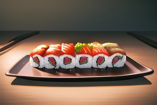 Delicious Japanese Sushi Roll Asian Food In Anime Style Digital Painting Illustration